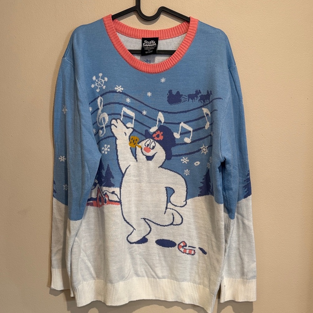 Blue and White Frosty the Snowman Christmas Sweater Festive Holiday Ugly